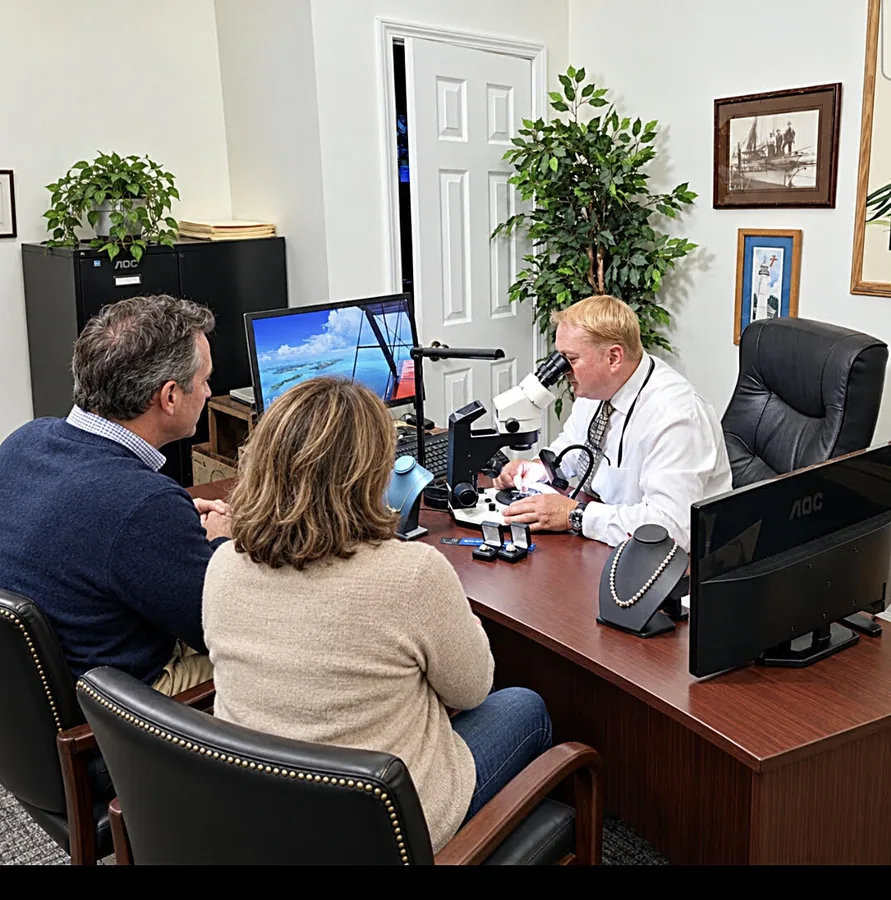 KC Conn examining a customer's jewelry under a gemological microscope while a couple looks on during an appraisal