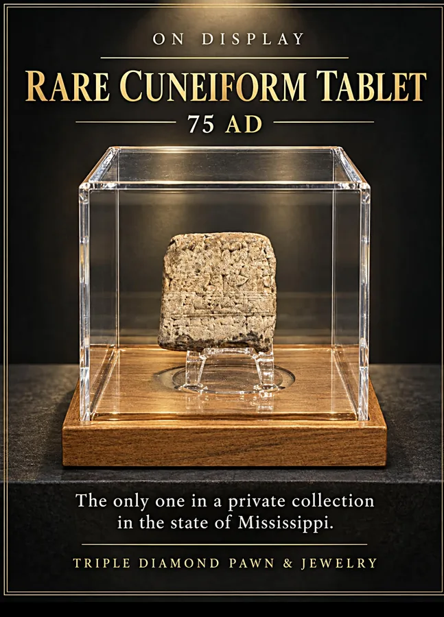 Rare cuneiform tablet from 75 AD in an acrylic display case at Triple Diamond Pawn & Jewelry